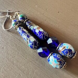 Vintage Cloisonné Floral & Cobalt Glass Bead Dangle‎ Earrings